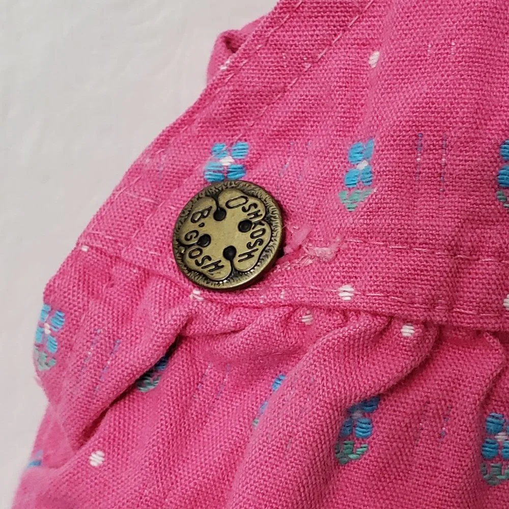 Vintage OshKosh Vestbak Overall Dress 18 month PINK Denim Flower Bow USA 80s
